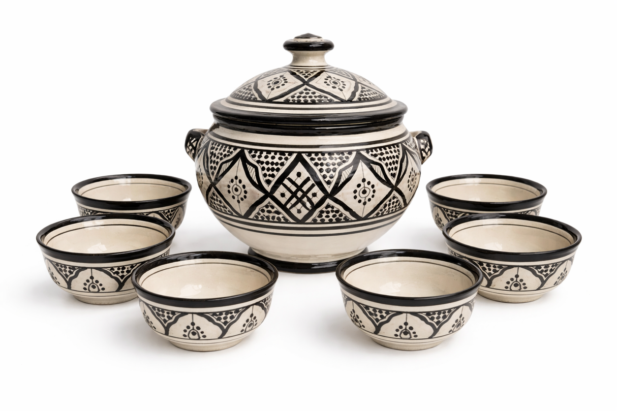 Safi Moroccan Soup Tureen with 6 Bowls- Black (Local delivery)