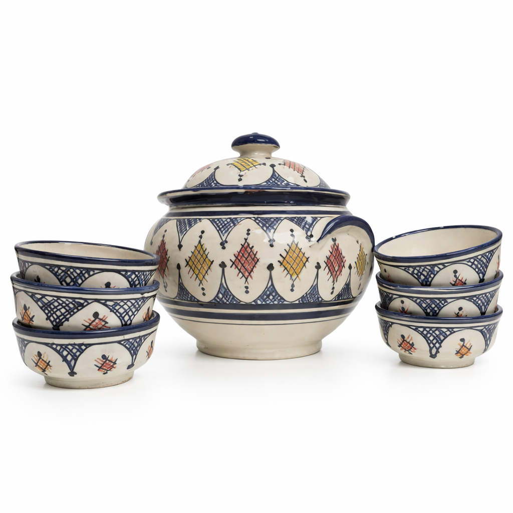 Safi Moroccan Soup Tureen with 6 Bowls- Blue (Local delivery)
