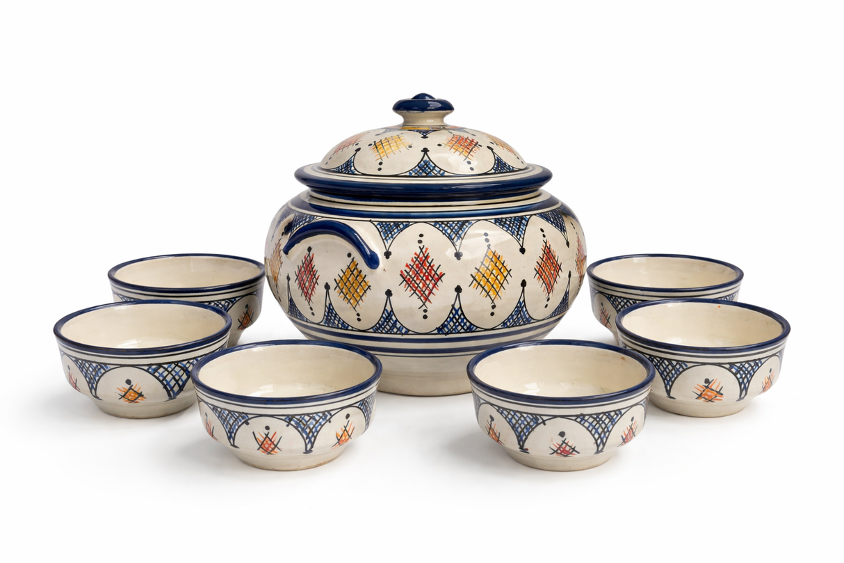 Safi Moroccan Soup Tureen with 6 Bowls- Blue (Local delivery)