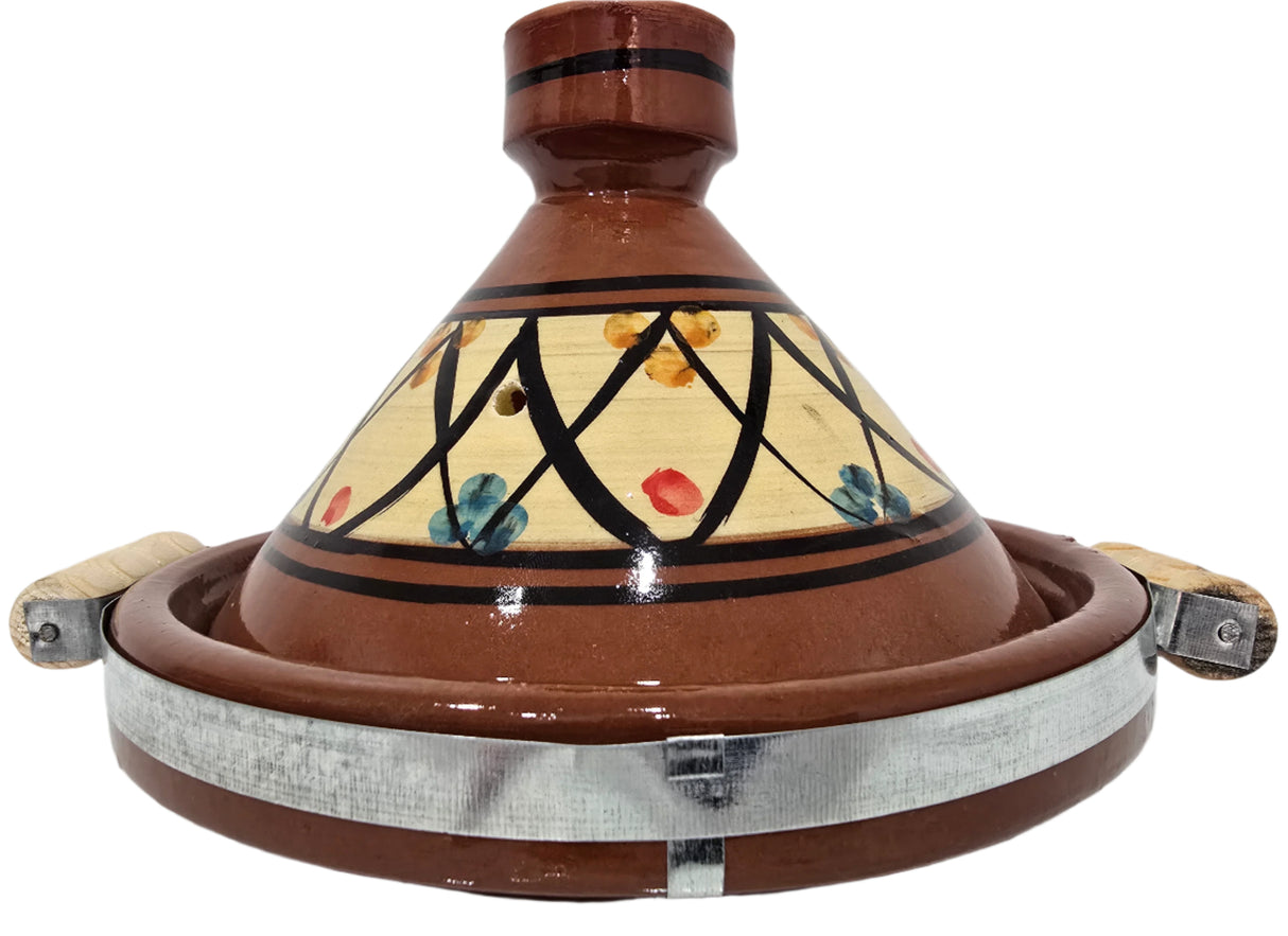 Decorated Tagine with Metal Belt & wood hand 25cm