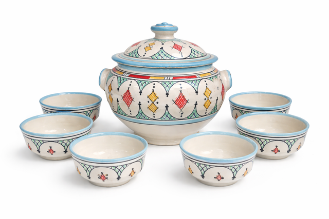 Uureen Safi Moroccan Soup Tureen with 6 Bowls- Sky blue (Local delivery ...