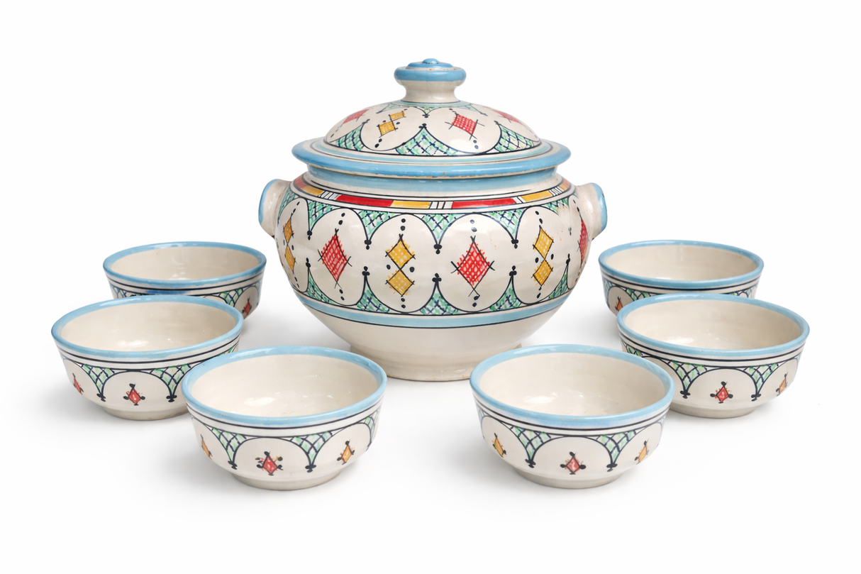 Safi Moroccan Soup Tureen with 6 Bowls- Sky blue (Local delivery)